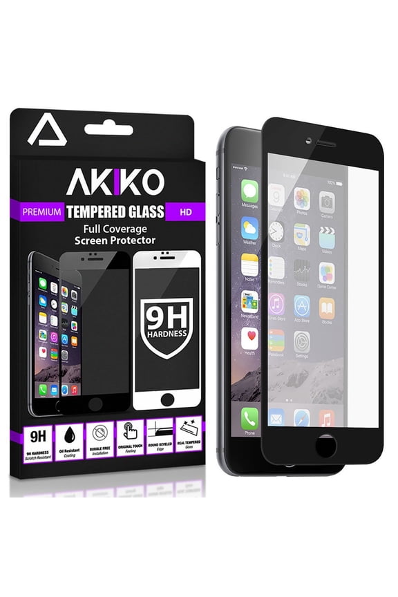 iPhone 6 6s [4.7] Black Screen Protector, Akiko New 2.5D Full Screen Tempered Glass Protector [Full Protection Cover w/ Curved Edge] - Retail Packaging