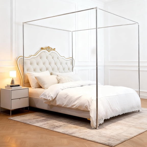 Akiky Canopy Bed Poles Stainless Steel Metal Frame 4 Corner Post Bed Frame Poles Frame Bracket Fit for Metal and Wood Bed(Queen,Silver)
