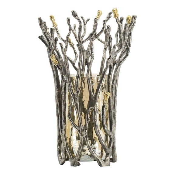 Akira Vase- Twig Inspired Frame- Aluminum-Glass- Silver-Gold- 14 Inch