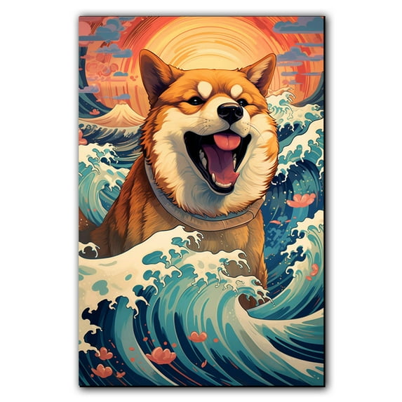 Akita Canvas Wall Art Framed Great Wave Oil Painting Stretched and Framed Artsy Romantic Wall Paintings Girlfriend gift for Living Room Bedroom Bathroom Office Wall Décor