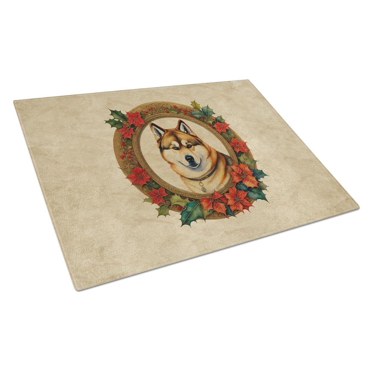 Akita Christmas Flowers Glass Cutting Board 12 in x 15 in