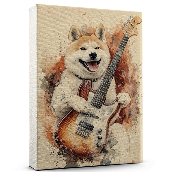 Akita Dog Playing Bass Guitar Wall Stretched Canvas Size 8x12 – Akita Canvas Art for Dog Lovers, Bass Guitar Canvas Wall Decor