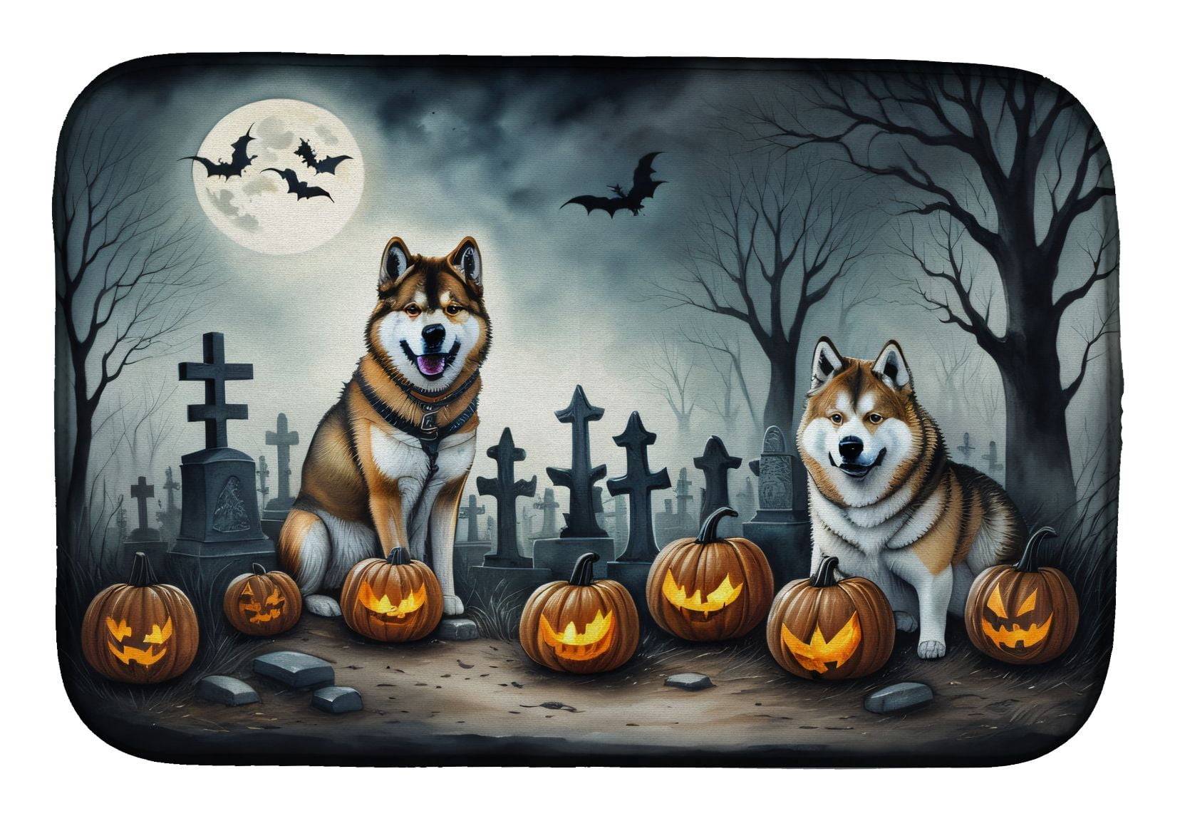 Akita Spooky Halloween Dish Drying Mat Absorbent Dish Drying Mat Pad for Kitchen Counter Dish Drainer Mat for Countertop, 14 x 21"