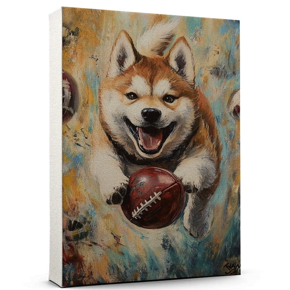 Akita Vintage Dog American Football Canvas Artistic Sports, Akita Dog with American Football Canvas Wall Print for Bedroom, Living Room, Office