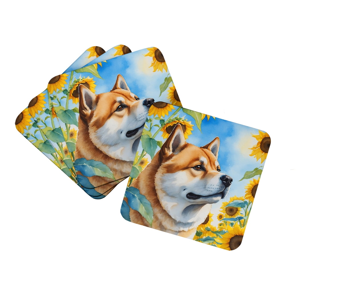 Akita in Sunflowers Foam Coasters