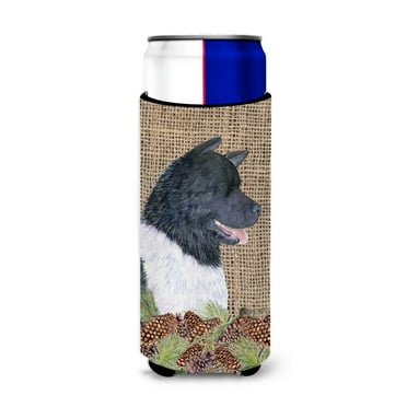 Akita on Faux Burlap with Pine Cones Ultra Hugger for slim cans