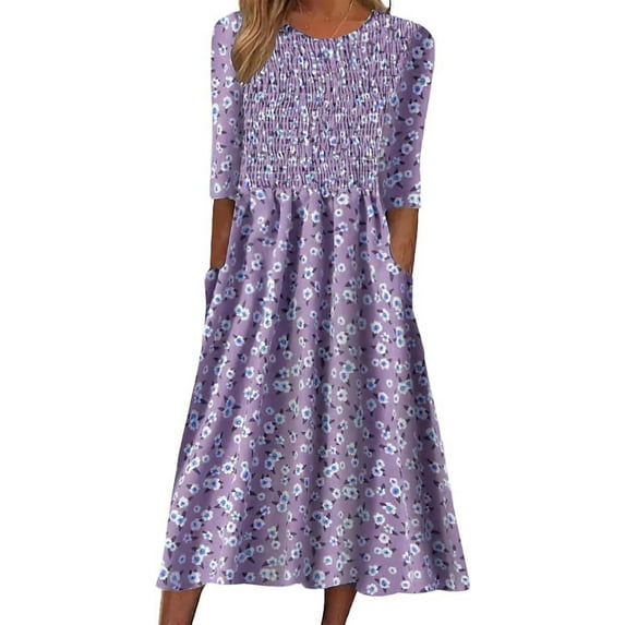 Akivide Women's Elastic Ruched Floral Print Midi Dress Summer Vacation Short Sleeve Crewneck Dresses with Pockets