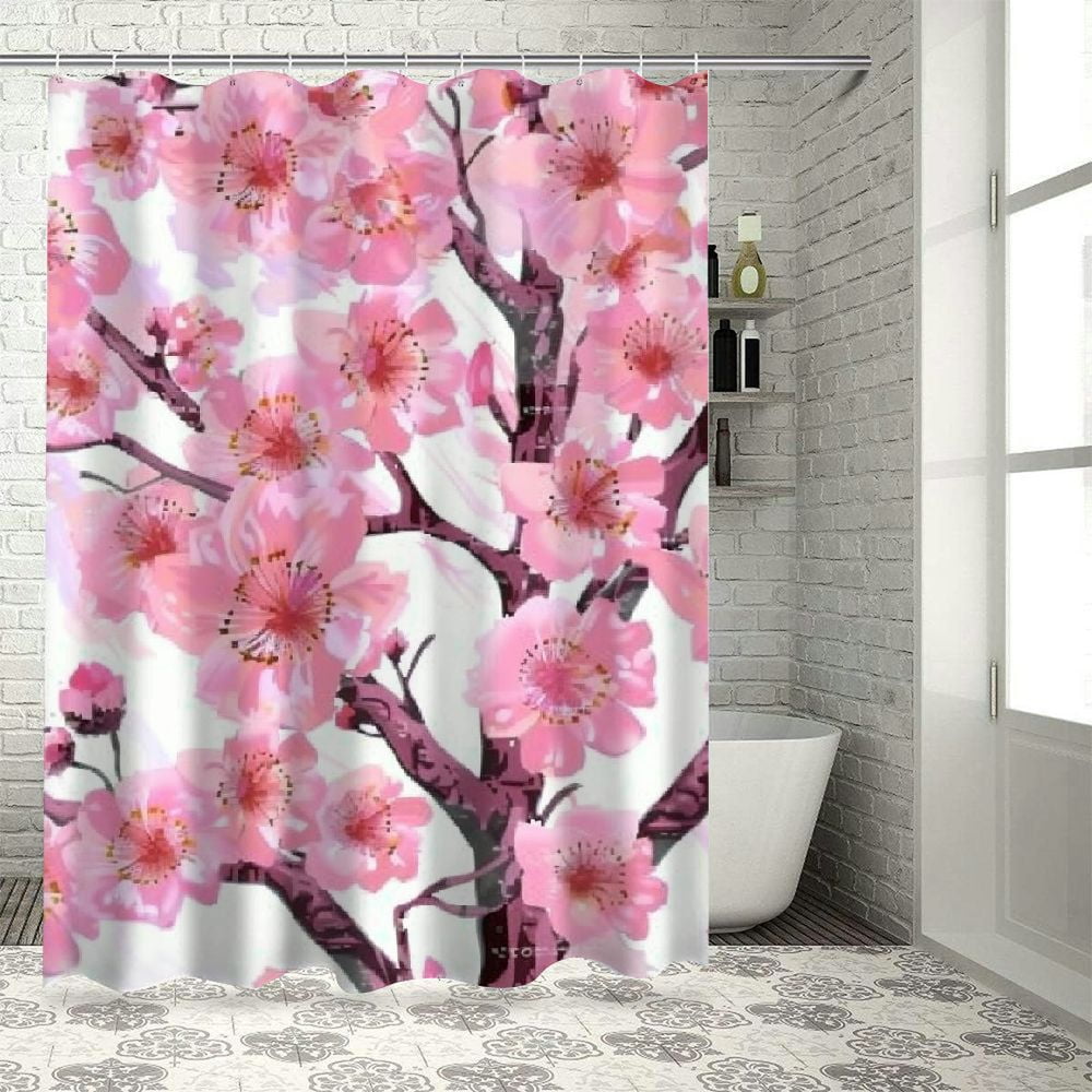 Akjvoe Bathroom Shower Curtain Pink Flowers and Brown Branches on Made from Polyester Fabric ...