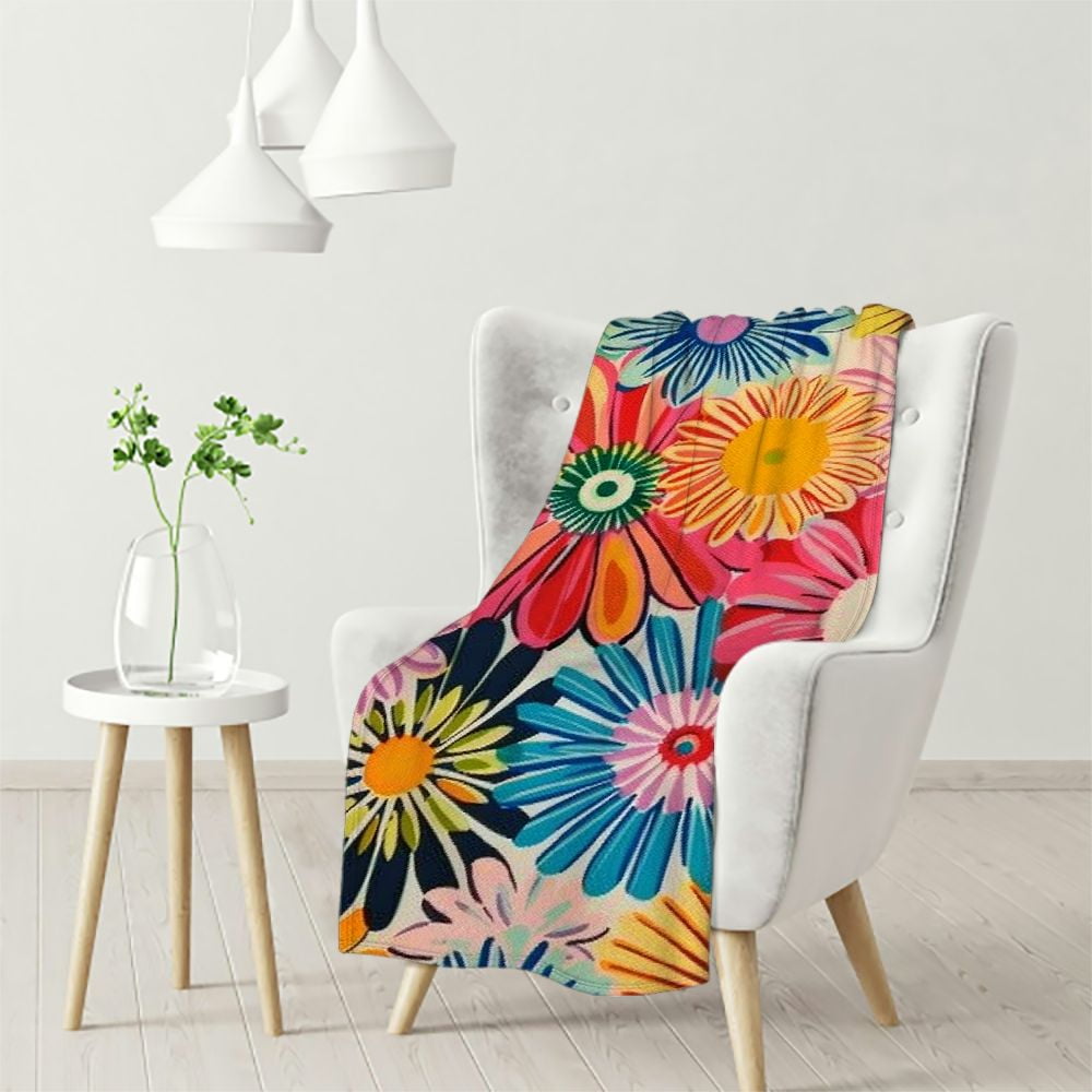 Akjvoe Blanket Retro Rainbow Flowers Pink & Coral Print Plush Throw
