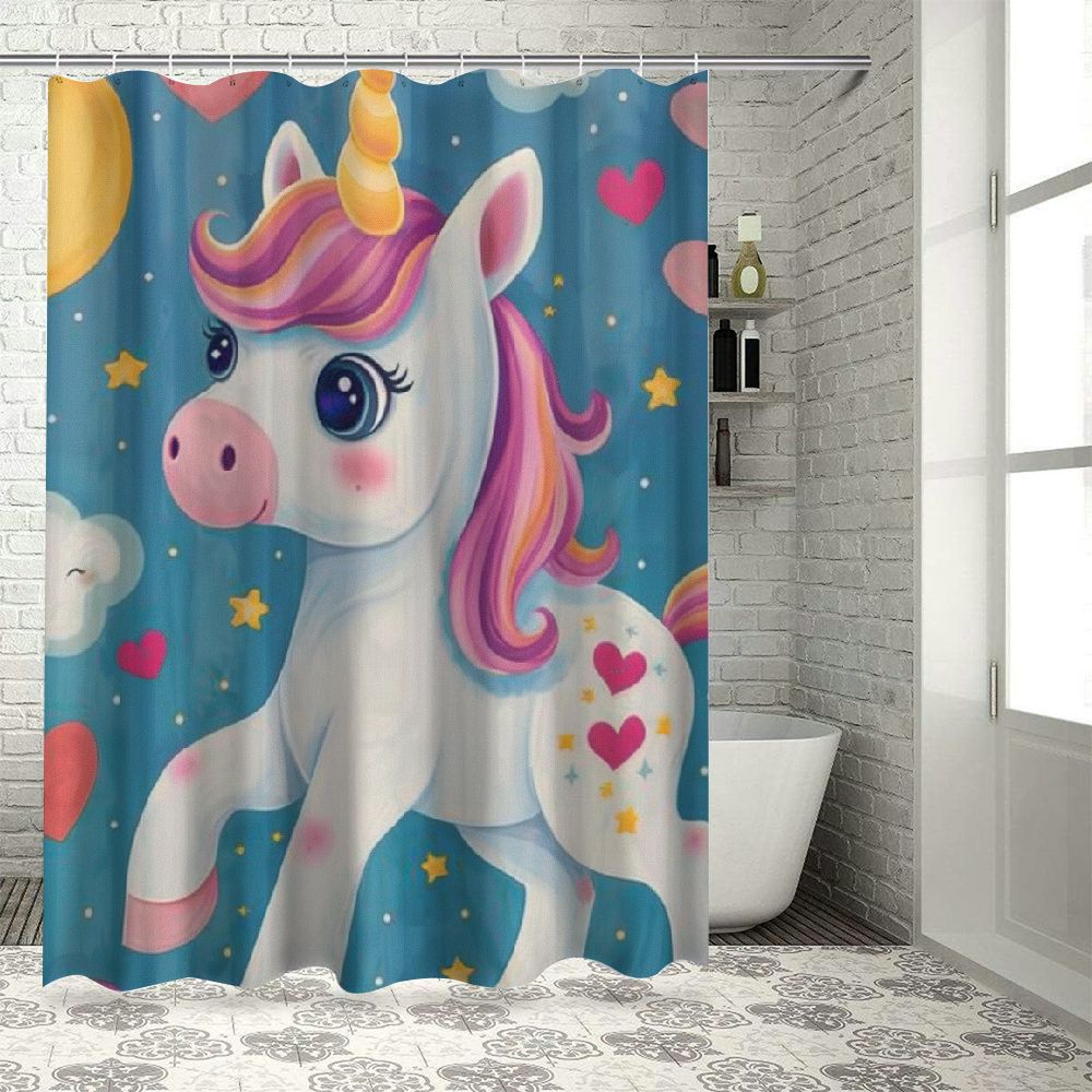 Akjvoe Cute Cartoon Unicorns Shower Curtain Set Waterproof Shower