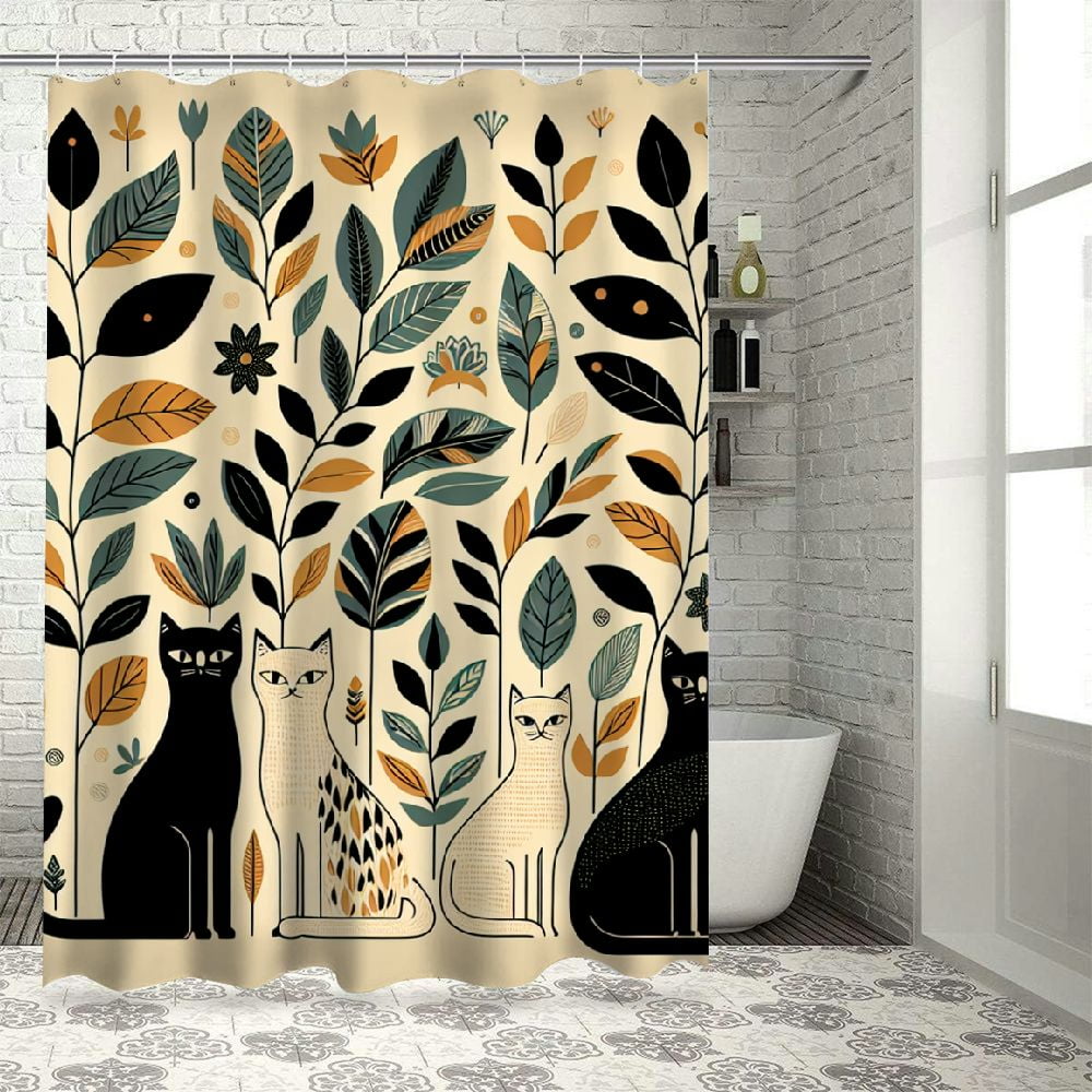Akjvoe Cute Cat Shower Curtain, Green Yellow Leaf Pattern Shower