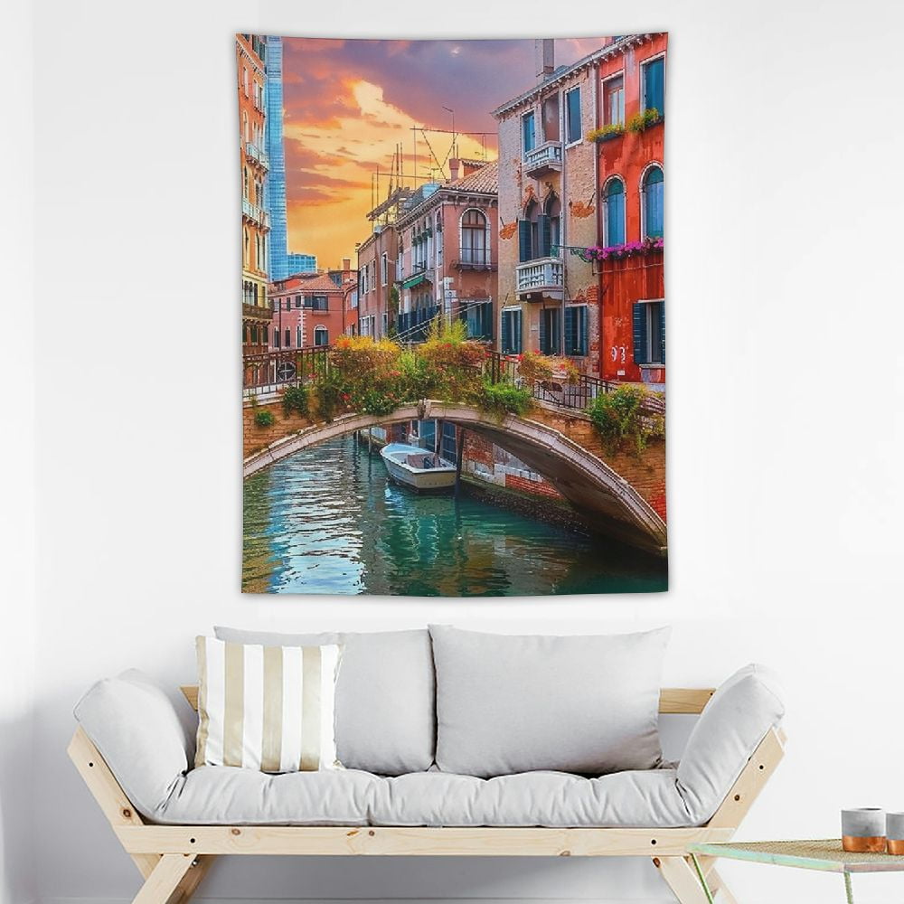 Akjvoe Fabric Tapestry Narrow Colorful Houses with Flower Wall Hanging Travel Tapestry for