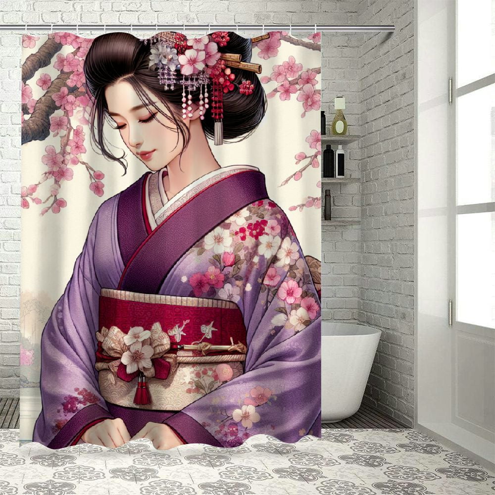 Akjvoe Japanese Shower Curtain Geisha Girl Pink Cherry Blossom Spring