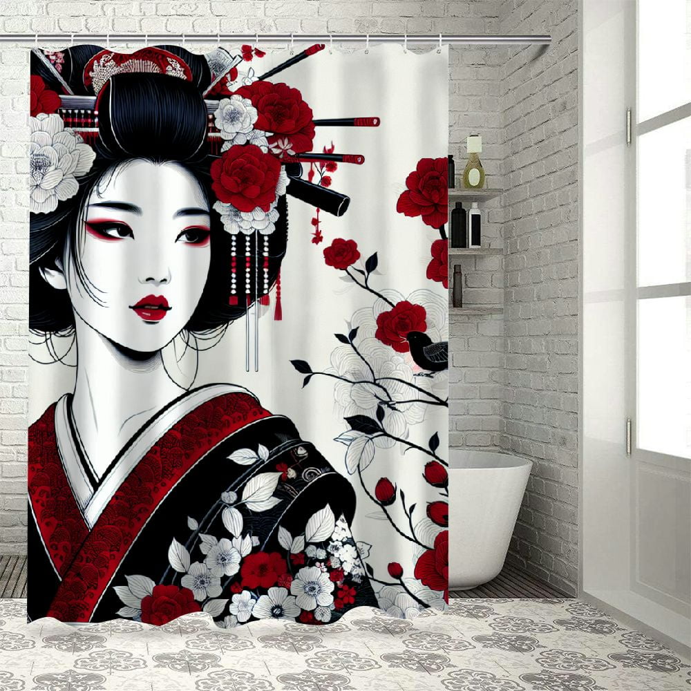 Akjvoe Japanese Shower Curtain Red Cherry Blossom Branch Women Chinese