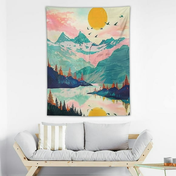 Akjvoe Mountain Tapestry With LED Strip Lights, Forest Tree Tapestry Sunset Tapestry Nature Landscape Tapestry Wall Hanging With RGB Strip Lights for Room 30x40in