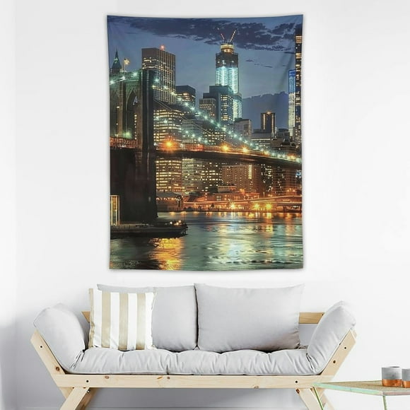 Akjvoe New York City Tapestry 80" x 60" Brooklyn Bridge Manhattan Night Skyline Wall Tapestry NYC Urban Skyscraper Wall Hanging American Wall Art for Bedroom Living Room Dorm Home Decor 30x40in