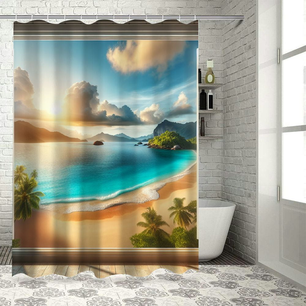 Akjvoe Ocean Beach Shower Curtain, Blue Ocean Shower Curtain, Palm Tree