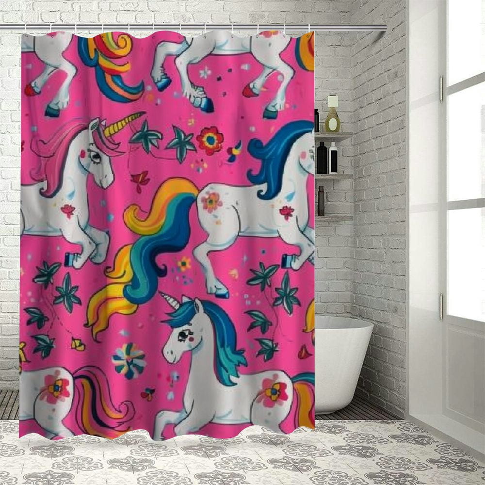 Akjvoe Pink Cute Cartoon Unicorn Shower Curtain Set Machine Washable