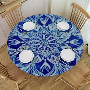 Akjvoe Round Vinyl Fitted Tablecloth with Flannel Backing Elastic Table Cloth Waterproof Oil-Proof Plastic Table Cover Blue and White Round Tablecloth White