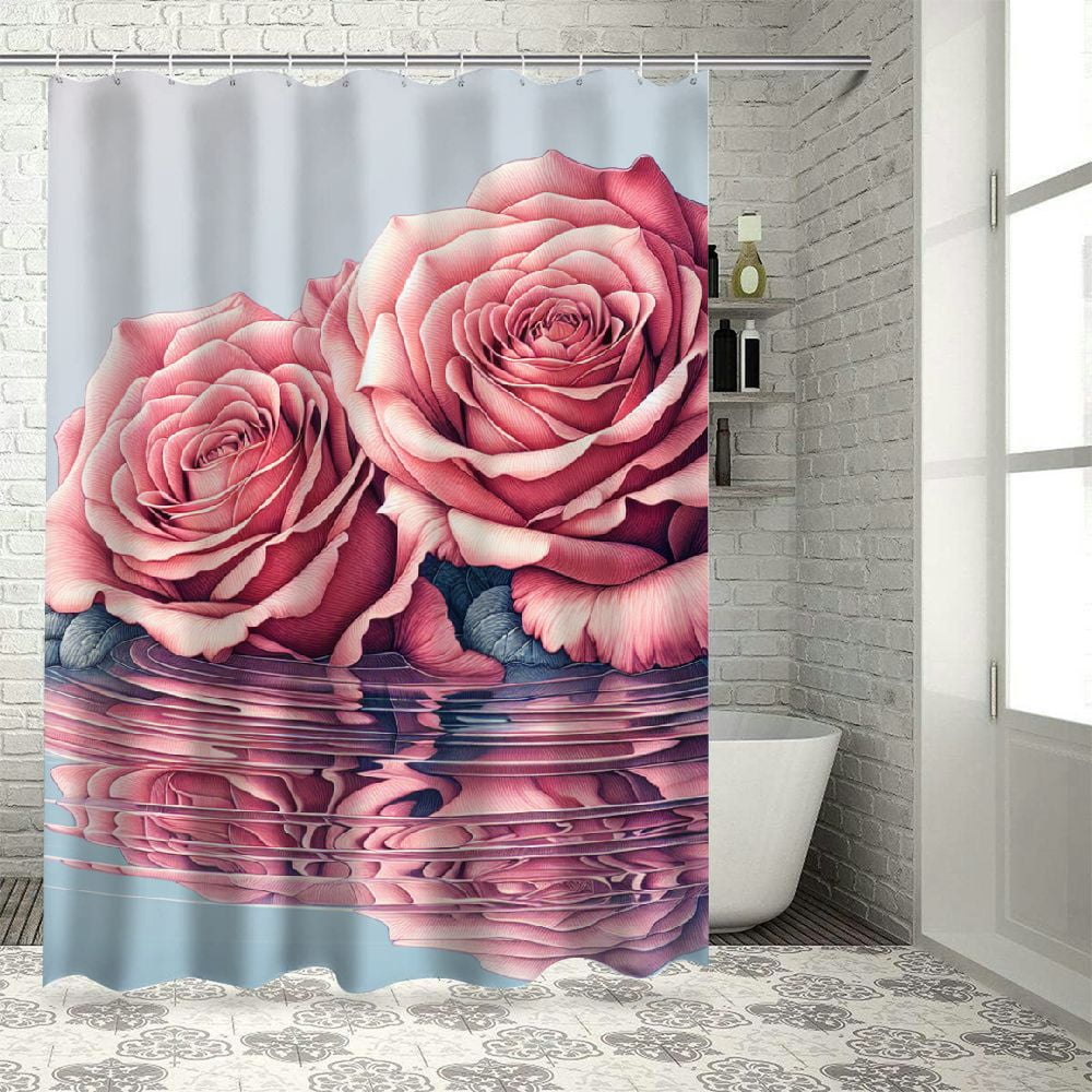 Akjvoe Spring Botanical Floral Shower Curtain, Rose Floating Water