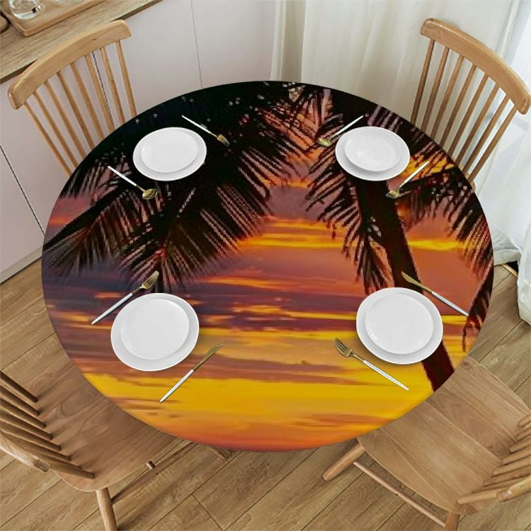 Akjvoe Tablecloth Round Palm Trees Table Cloth Ocean Seascape Beach Palm Tree Sunset Table Cover