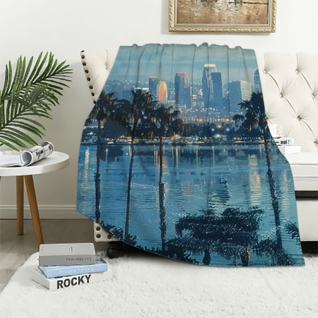 Akjvoe Throw Blanket, at Sunrise in Harbor Waterfront Cityscape Business District, Flannel Fleece Accent Piece Soft Couch Cover for Adults, Pale Blue