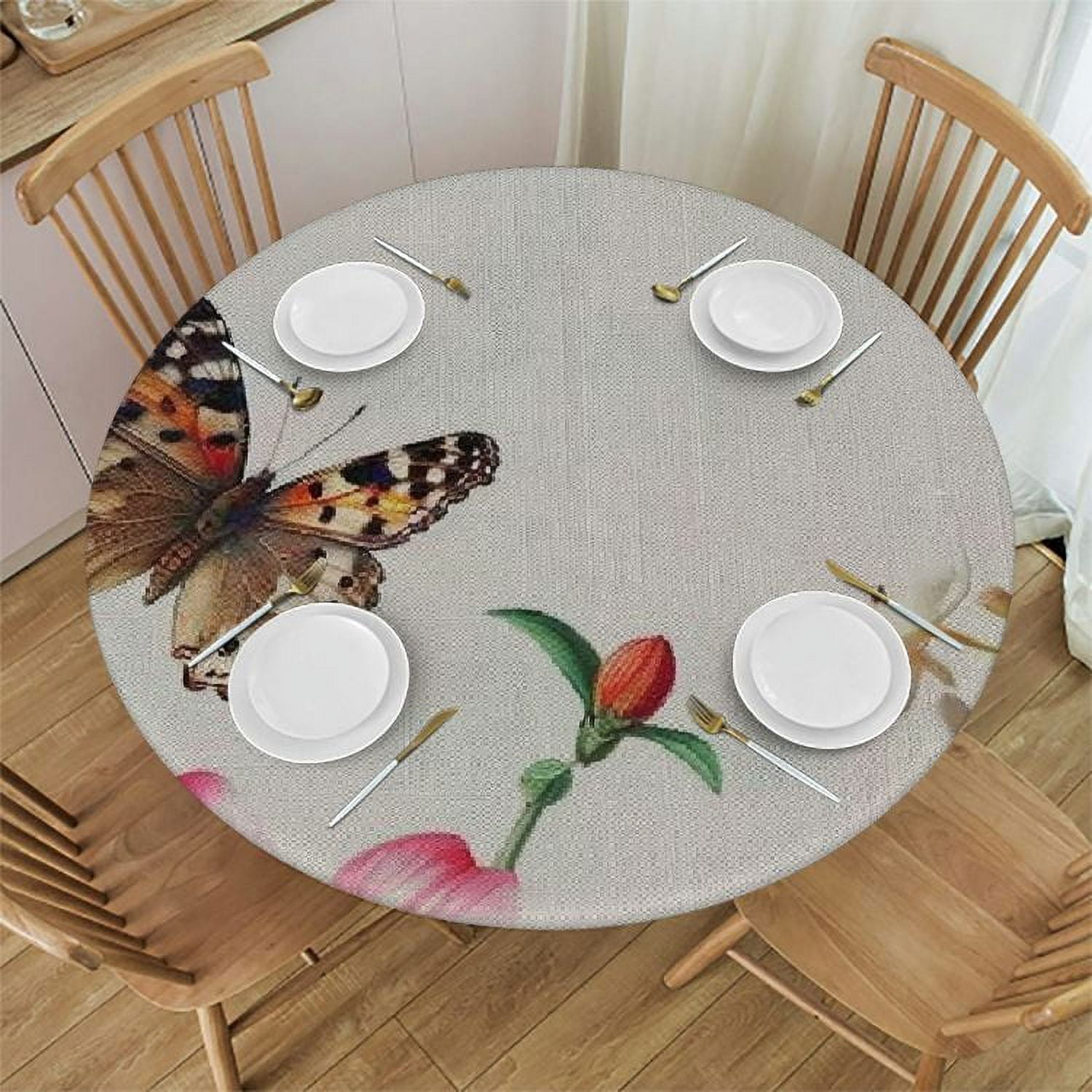 Akjvoe Vintage Floral Elastic Round Tablecloth Spring Flowers Leaves
