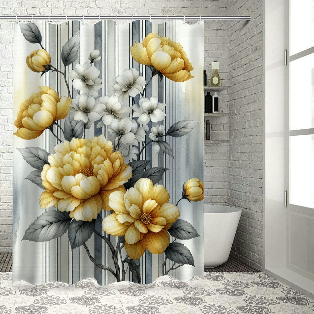 Akjvoe Watercolor Flower Shower Curtain Yellow Gray Abstract Floral