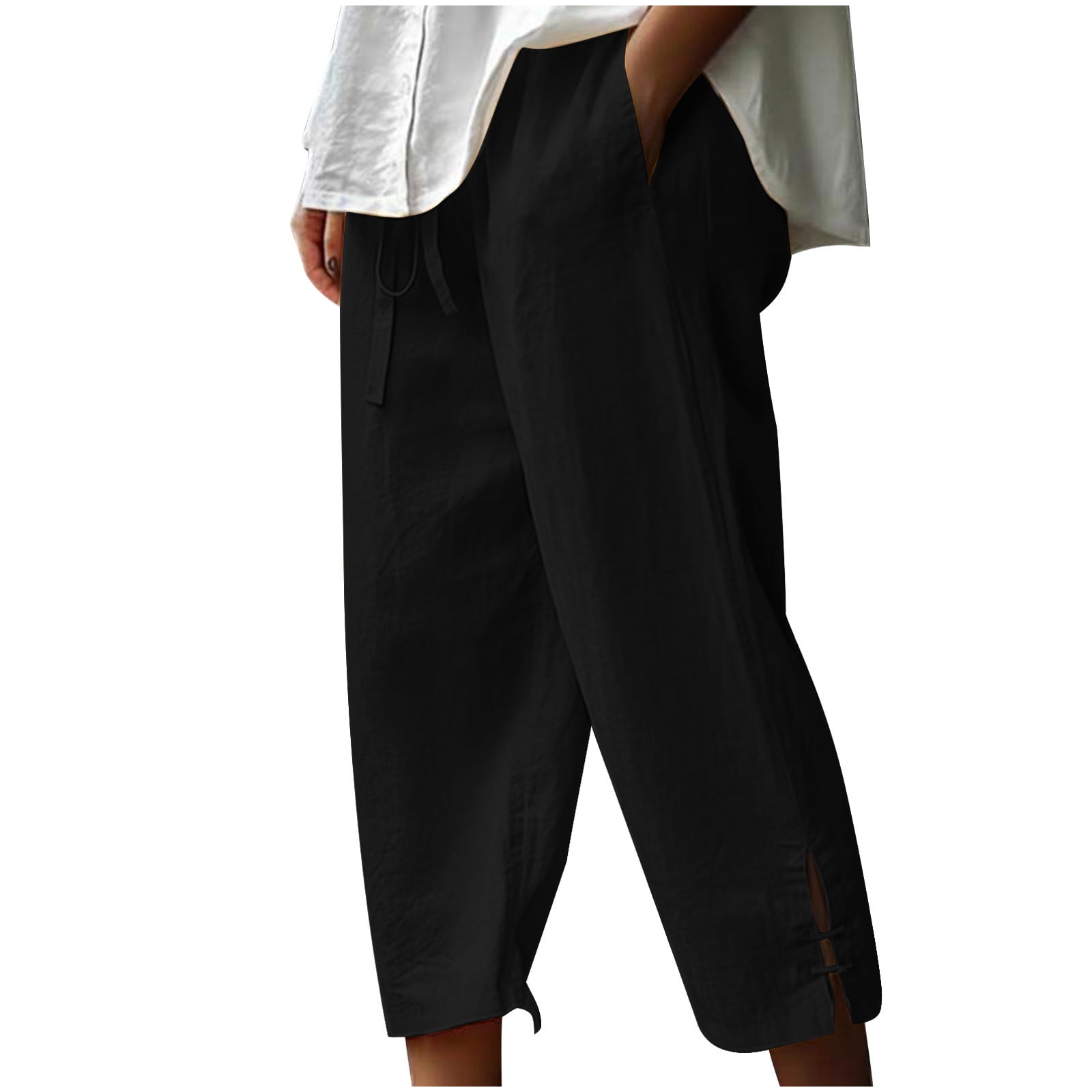 Akklian Cotton Linen Capri Pants for Women Relaxed Fit Wide Leg