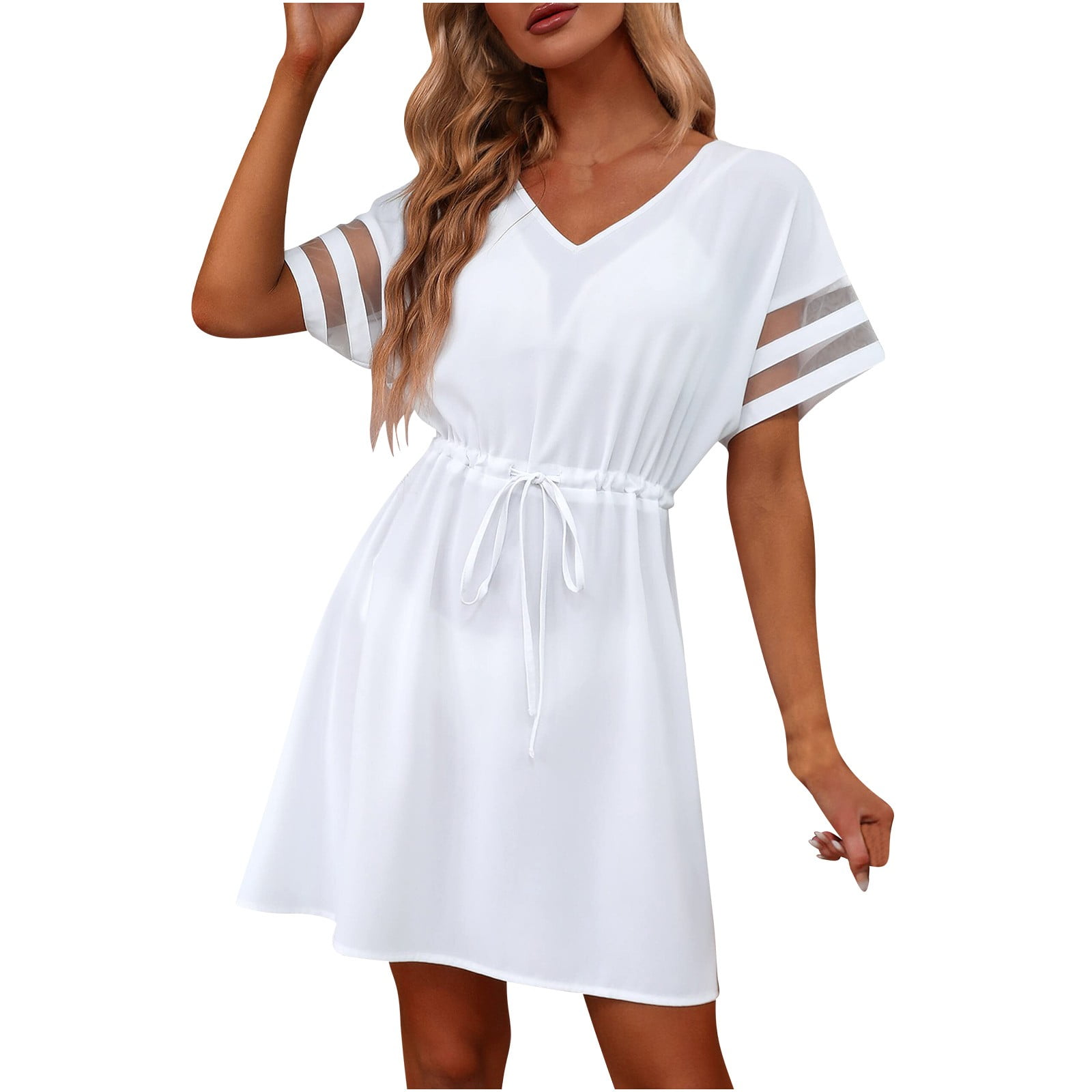 Akklian Empire Waist Mini Dress Short Sleeve Belted Mini Dress Black ...