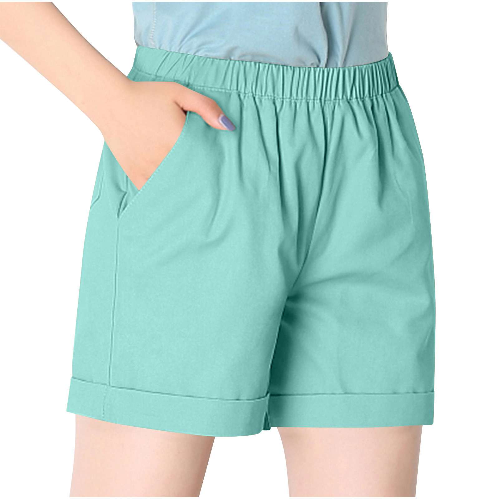 Akklian Women's Solid Color Shorts Elastic Waist Wide Leg Utility ...