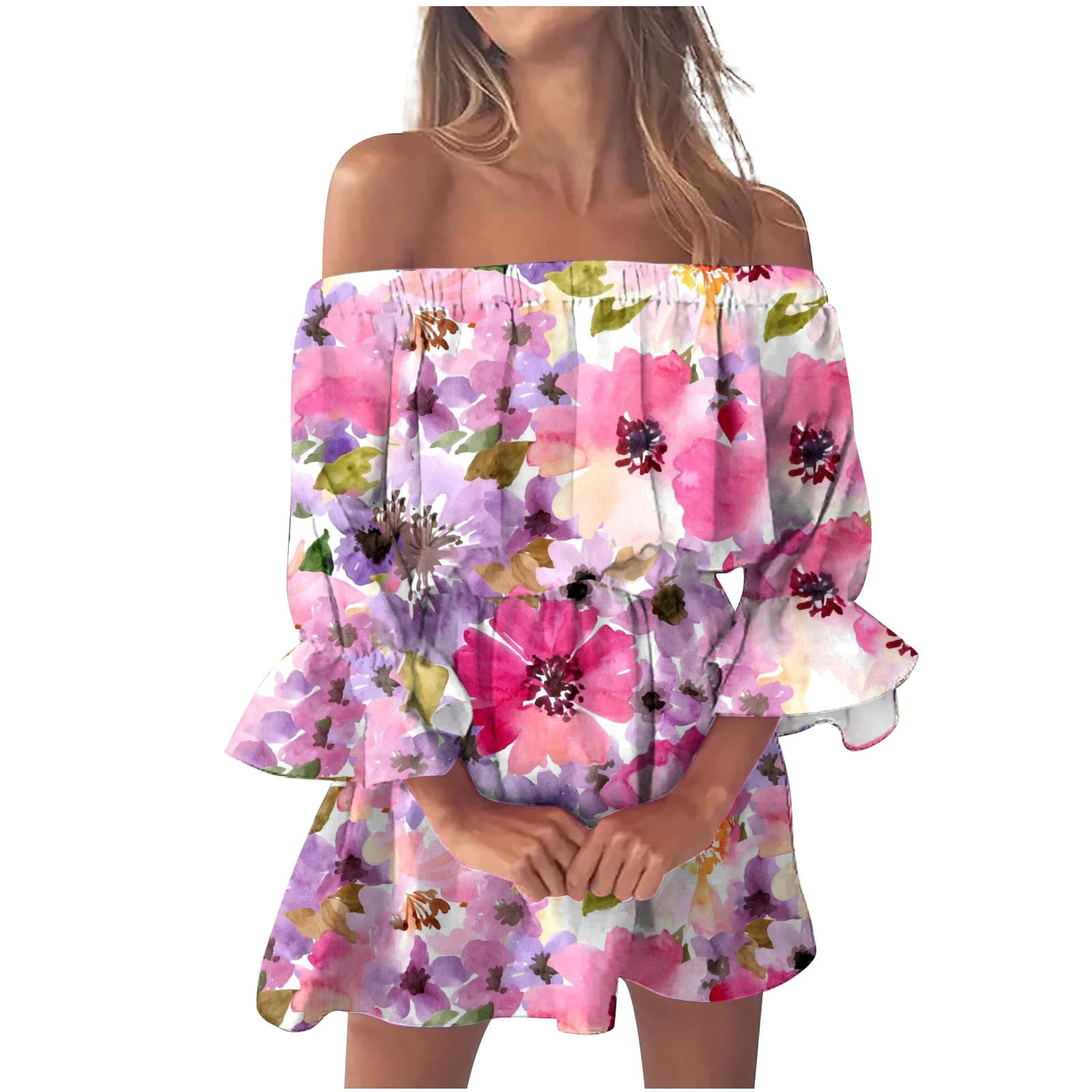Akklian Women's Summer Off Shoulder Dresses Floral Printed Strapless ...