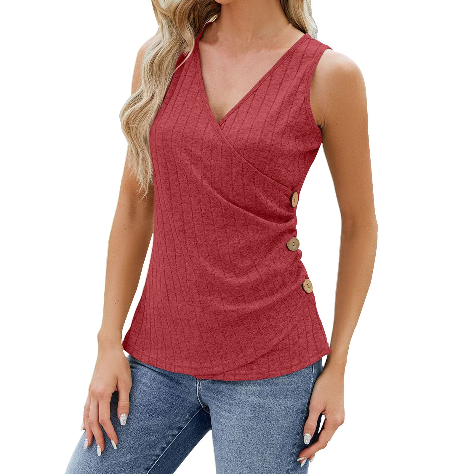 Akklian Womens Slim Fit Tank Tops Button Side Runched Sleeveless Shirts
