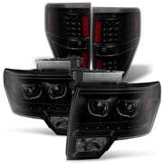AKKON - For [Dual LED Ring] 09-14 F150 F-150 Pickup Truck Black Smoked Projector Headlights + LED Tail light Set