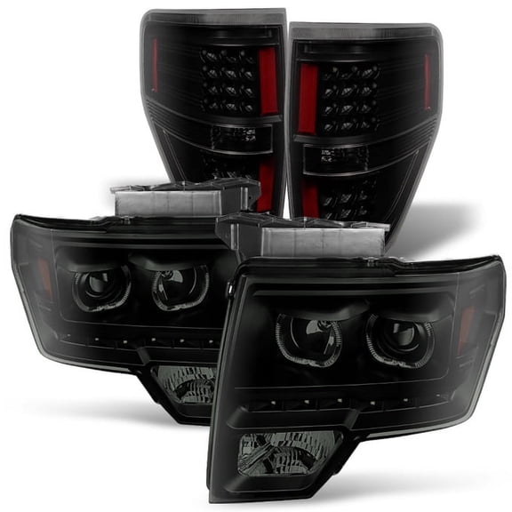 AKKON - For [Dual LED Ring] 09-14 F150 F-150 Pickup Truck Black Smoked Projector Headlights + LED Tail light Set