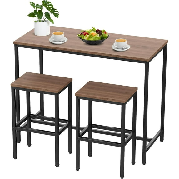 Aklaus Bar Table and Chairs Set 44" Dining Table Set Pub Bar Table with 2 Stools 3-Piece Kitchen Breakfast Table Set for Living Room Dining Room Sturdy Metal FrameBrown