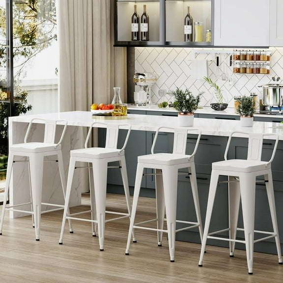 Aklaus Metal Bar Stools Set of 4 Barstools Counter Height Bar Stools with Back Industrial Bar Stool Indoor Counter Stool Kitchen Island Stools Modern Bar Chair 26inch White Cream