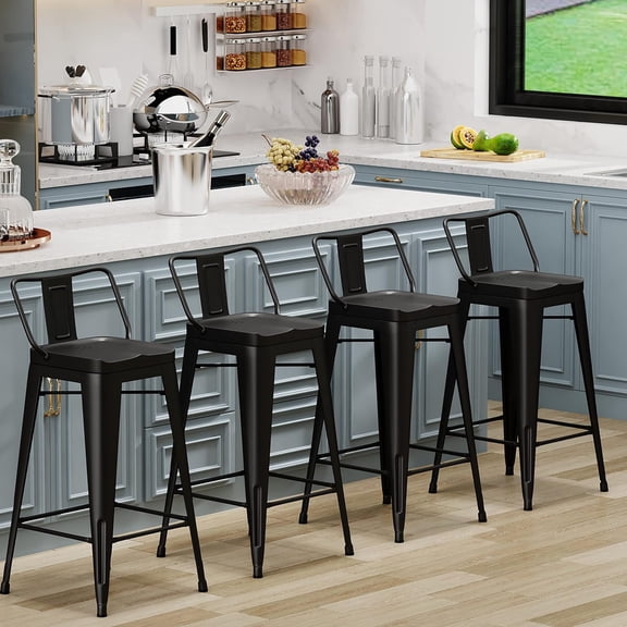 Aklaus Metal Bar Stools Set of 4 Counter Height Stools 24 Inchs Counter Stools with Backs Black Bar Stool with Backs Bar Height Stool 24" Ergonomic Seat, Matte Black