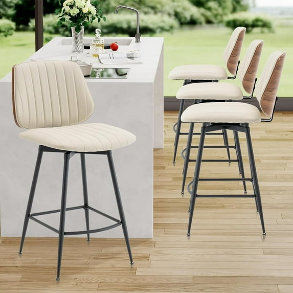 Aklaus Swivel Bar Stools Set of 4, 26 inch Counter Height Bar Stools with Back, Footrest, Metal Legs and Faux Leather Modern Upholstered Barstools for Kitchen Island Counter Cafes Dining Room (Beige)
