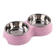 Akloker Dog Double Bowl Puppy Food Feeder Stainless Steel Pets Drinking Dish (Pink)