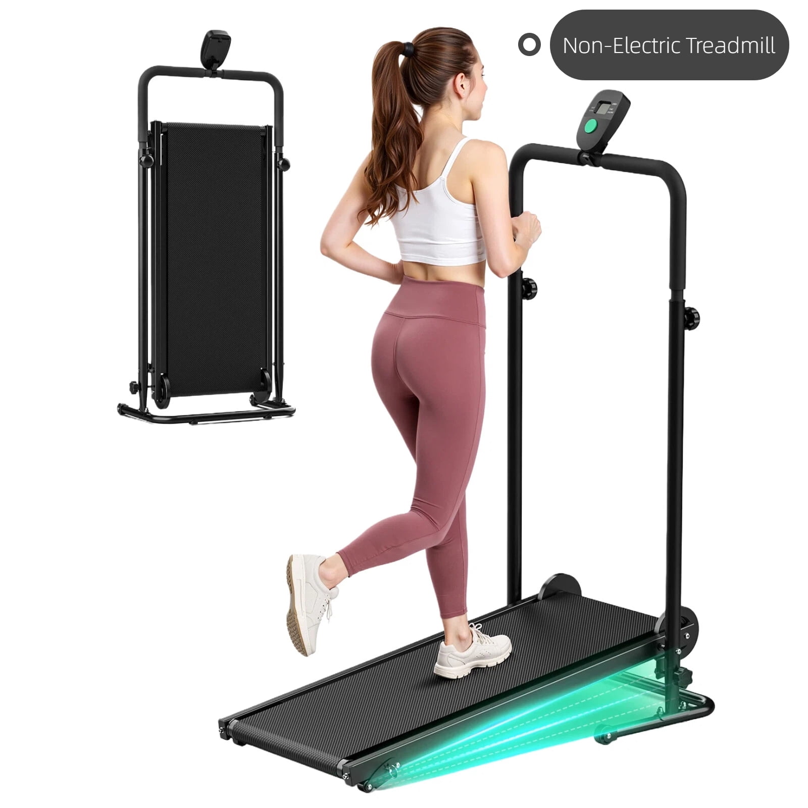 Akluer Non-Electric Treadmill with Dual Flywheel & Fixed Incline, LCD Monitor, Foldable Design for Home Use, Non-Slip Belt, Soft Foam Grips for Walking/Jogging