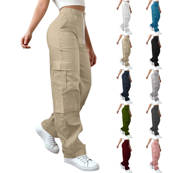 Akmaiox Baggy Cargo Pants Women High Waisted Elastic Drawstring Wide Leg Sweatpants with Multi Pockets Summer Outdoor Joggers Hiking Pants S-2XL
