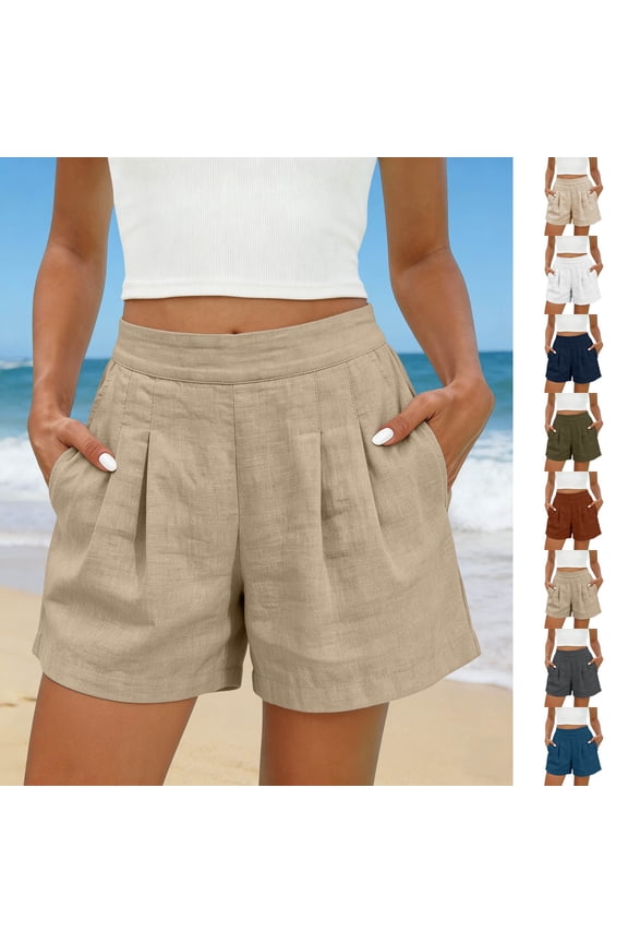 Bermuda Shorts for Women Cotton Linen High Waist Pleats Wide-Leg Casual Shorts Summer Vacation Outdoor Beach Hot Pants S-3XL