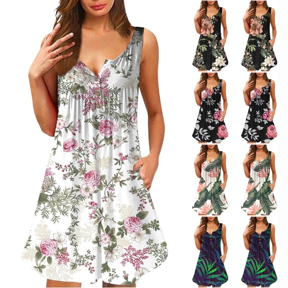 Akmaiox Dresses for Women Summer Floral Print Sleeveless Button Down Dress Casual Loose Beach Vacation Sundress S-2XL