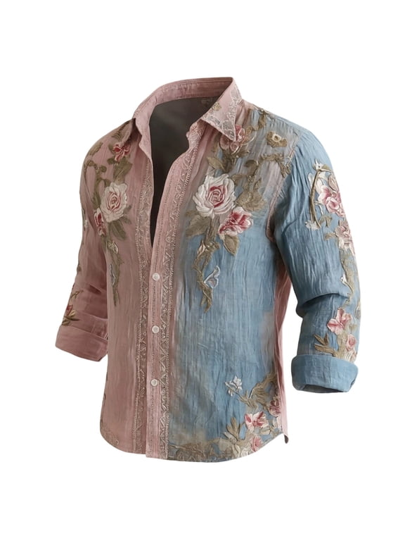 Floral Print Long Sleeve Shirts for Men Button Down Collared Vintage Boho Tops Casual Regular Fit Beach Holiday Shirts