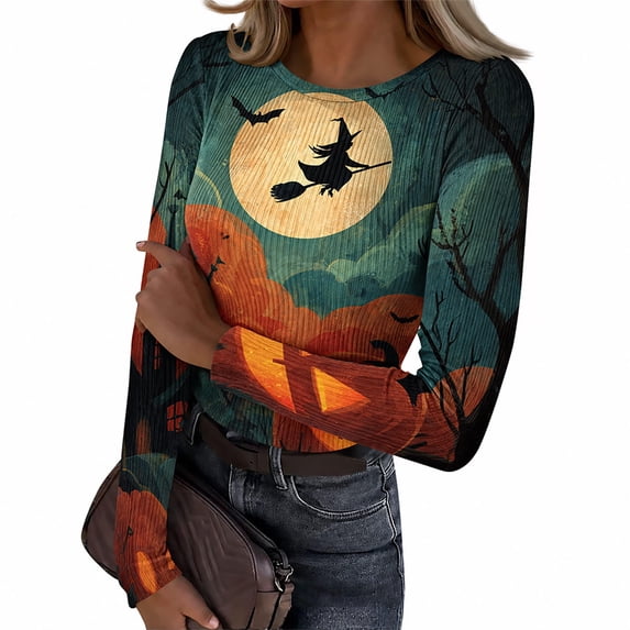 Akmaiox Halloween Long Sleeve Shirt for Women, Printed Crew Neck Slim Fitted Pullover Going Out Tops, Soft Knitted Holiday Base Layer Blouses