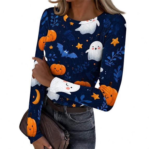 Akmaiox Halloween Long Sleeve Shirt for Women, Printed Crew Neck Slim Fitted Pullover Going Out Tops, Soft Knitted Holiday Base Layer Blouses