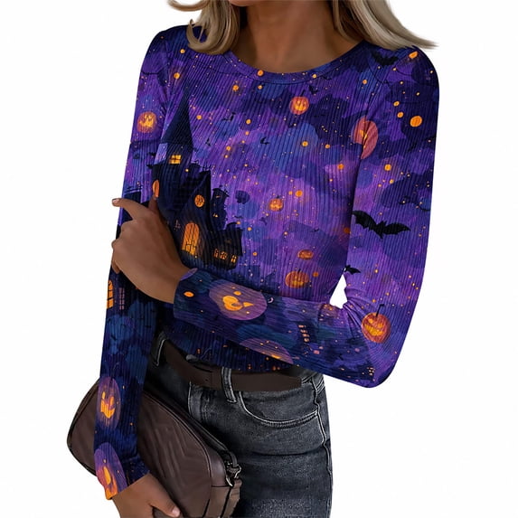 Akmaiox Halloween Long Sleeve Shirt for Women, Printed Crew Neck Slim Fitted Pullover Going Out Tops, Soft Knitted Holiday Base Layer Blouses