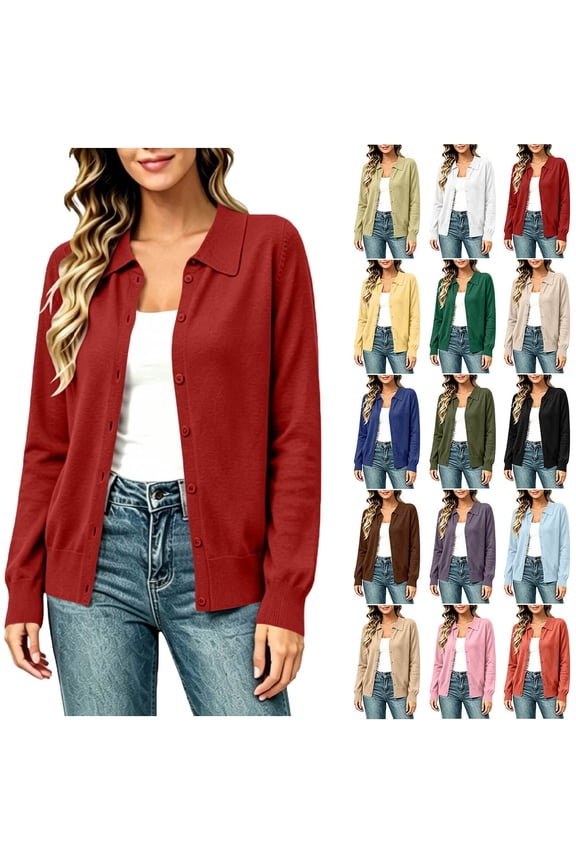 Long Sleeve Cardigan Sweaters for Women Lightweight Folded Collar Button Down Brushed Knit Tops S-2XL