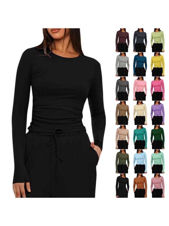 Long Sleeve Shirts for Women, Solid Color Crew Neck Trendy Going Out Tops, Slim Fitted Base Layer Undershirts Stretchy Basic Tees